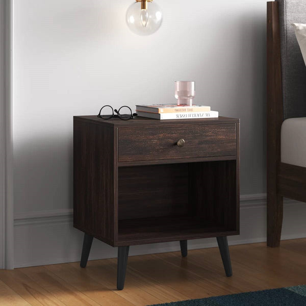 Mid-Century Modern Nightstand Wood Dark Brown 1-Drawer Storage Open Shelf 22.8" Height