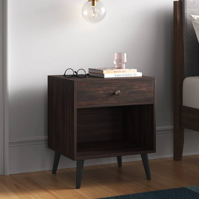 Mid-Century Modern Nightstand Wood Dark Brown 1-Drawer Storage Open Shelf 22.8" Height