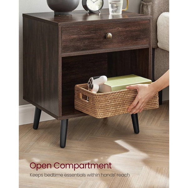 Mid-Century Modern Nightstand Wood Dark Brown 1-Drawer Storage Open Shelf 22.8" Height