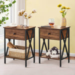 Rustic 1-Drawer Nightstand Set of 2 - Steel and Wood - X-Shaped Accents - 21.7" Height - [Color: Pink / White / Gray / Brown]