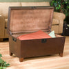 Brown storage trunk with cushions on a wooden floor, beige sofa in the background