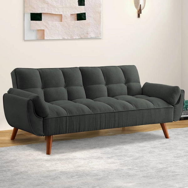 Mid-Century Modern Sofa Bed in Dark Grey Linen Upholstery with Tufted Backrest and Convertible Sleeper Function