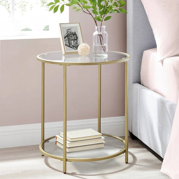 Modern Glass Top Round Metal End Table Nightstand Black Finish 22.25"H x 16"W x 16"D