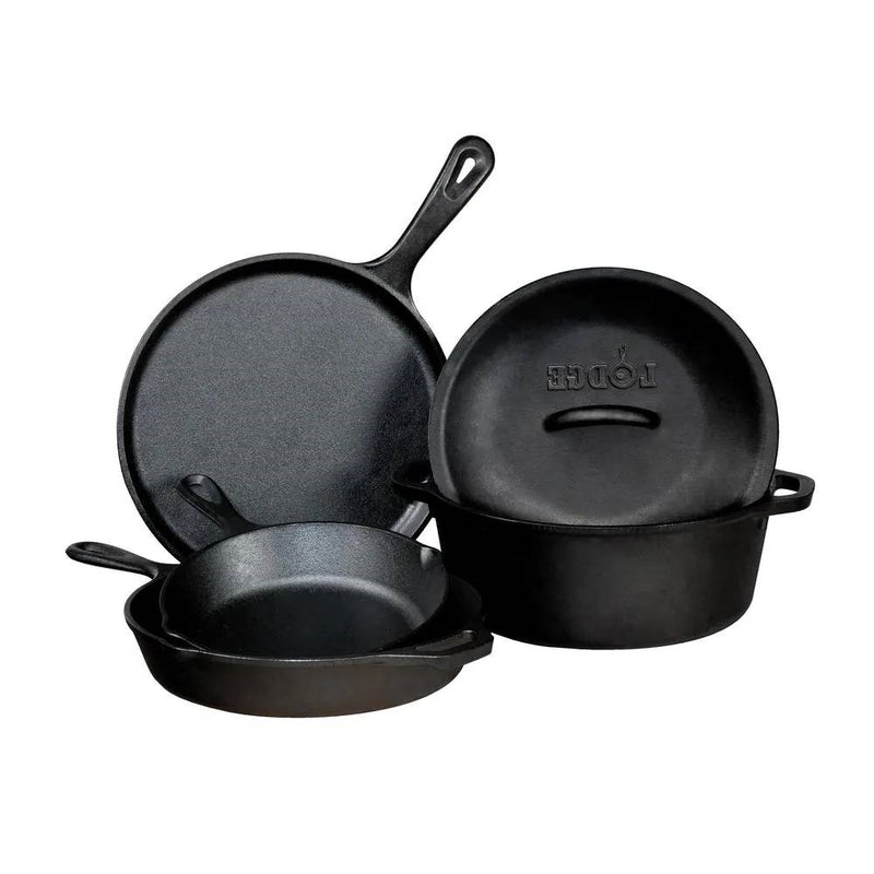 5-Piece Cast Iron Cookware Set – Dutch Oven & Skillet Cooking – All Cooktops & Oven-Safe – Black Finish