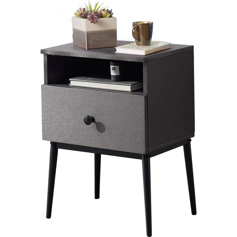 Mid-Century Modern Nightstand End Table with Drawer and Open Storage Shelf - Grey Black Wood Finish - 21.5" Height