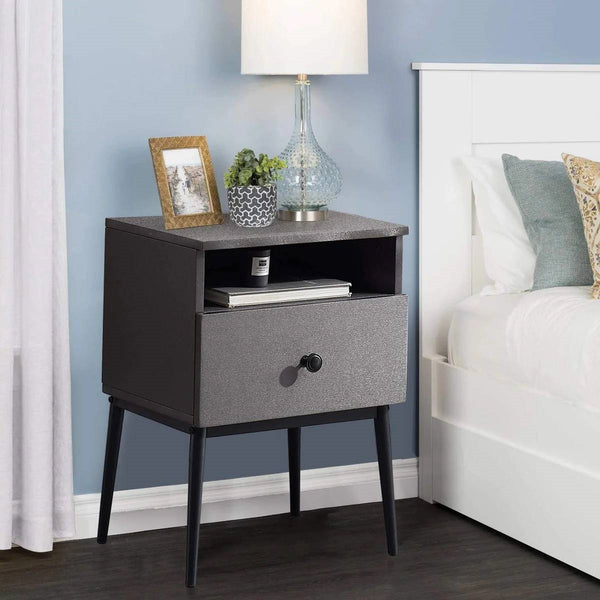 Mid-Century Modern Nightstand End Table with Drawer and Open Storage Shelf - Grey Black Wood Finish - 21.5" Height