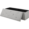 Gray tufted storage bench with a black top on a white background