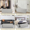 Collage of a gray tufted ottoman in various rooms with labels.