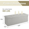 Gray storage bench with dimensions and maximum loading capacity displayed