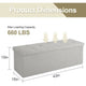 Gray storage bench with dimensions and maximum loading capacity displayed
