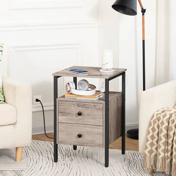 Modern Industrial Nightstand with Black Metal Frame and Grey Wood Finish Drawer - Single Bedside Table