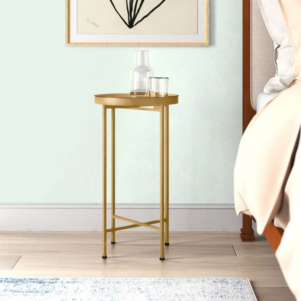 Glam Metal Round End Table Gold Removable Tray Top 25.75"H x 14"W x 14"D