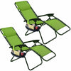 Two green zero-gravity chairs with cup holders on a white background