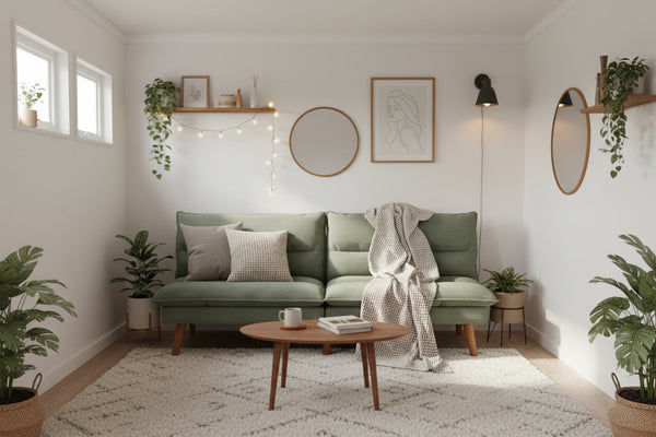 Green sofa with wooden legs in a tiny home living room