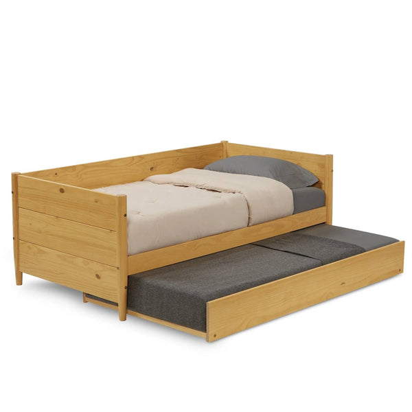 Twin Daybed with Roll-Out Trundle Solid Wood Frame, Space-Saving Design, Natural