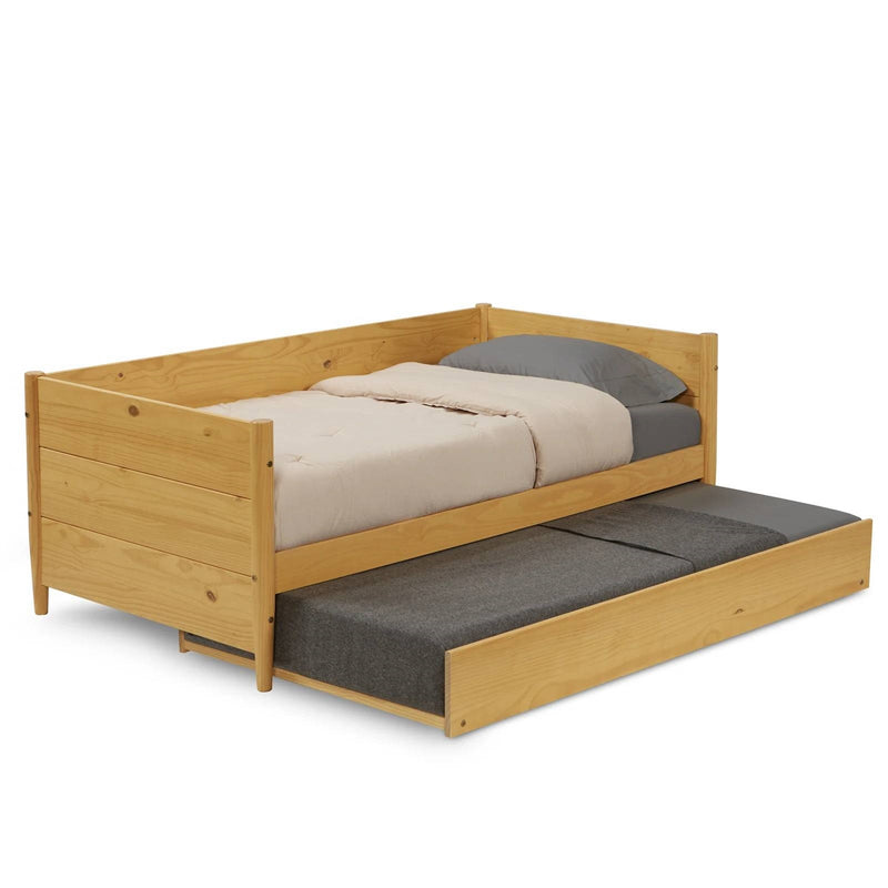 Twin Daybed with Roll-Out Trundle Solid Wood Frame, Space-Saving Design, Natural