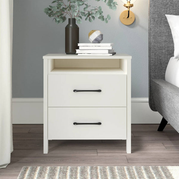 Modern Nightstand Manufactured Wood Ivory 2-Drawer Storage Open Shelf Minimalist Block Legs 22.7" Height