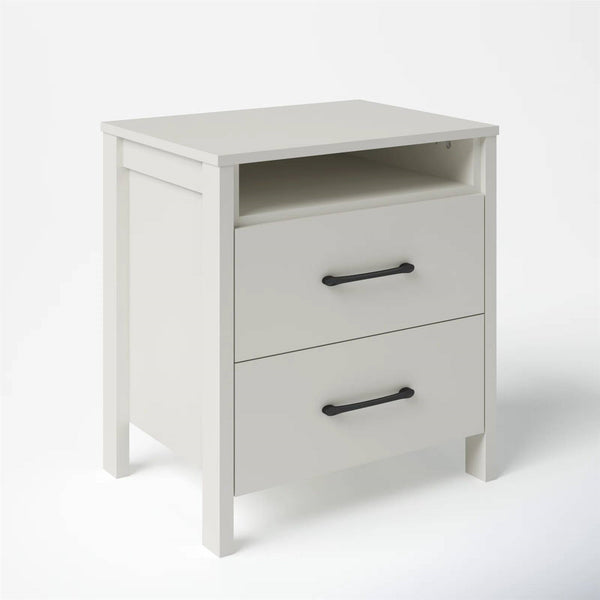 Modern Nightstand Manufactured Wood Ivory 2-Drawer Storage Open Shelf Minimalist Block Legs 22.7" Height