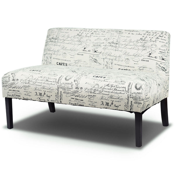 Modern Patterned Upholstered Loveseat Sofa with Wooden Legs – Off-White Cursive Design 2-Seater Couch for Small Spaces