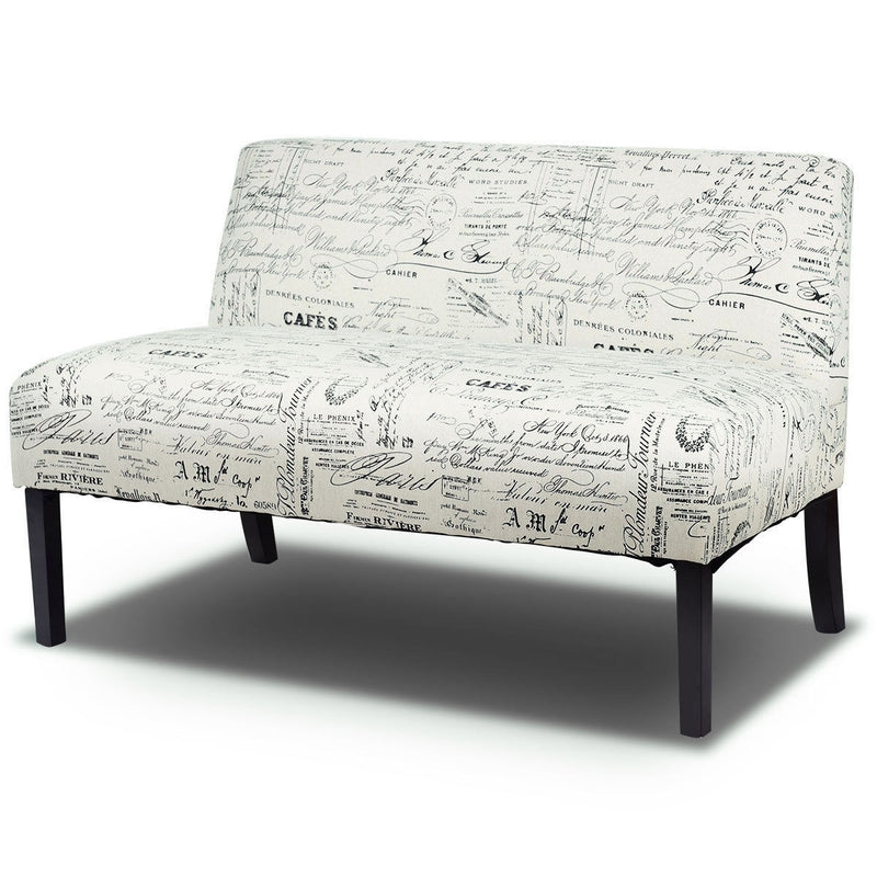 Modern Patterned Upholstered Loveseat Sofa with Wooden Legs – Off-White Cursive Design 2-Seater Couch for Small Spaces