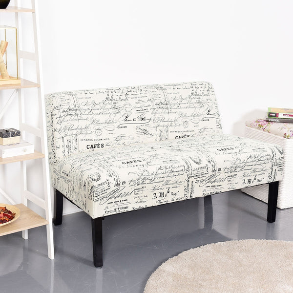 Modern Patterned Upholstered Loveseat Sofa with Wooden Legs – Off-White Cursive Design 2-Seater Couch for Small Spaces