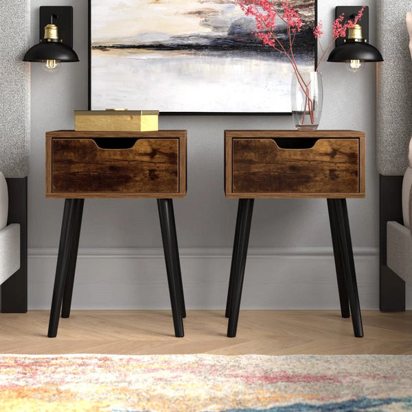 Set of 2 Mid-Century Modern Farmhouse Wood Nightstands with Storage Drawer and Tapered Legs - Walnut Finish