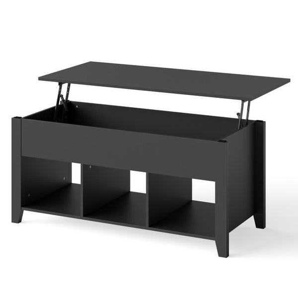 Black lift-top coffee table with storage on a white background