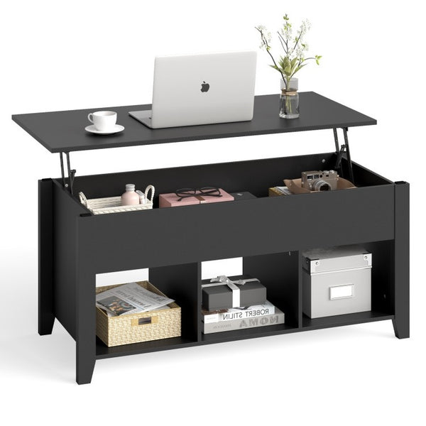 Black lift-top desk with storage compartments on a white background