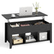 Black lift-top desk with storage compartments on a white background