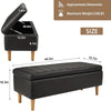 Black storage bench with dimensions and weight capacity displayed