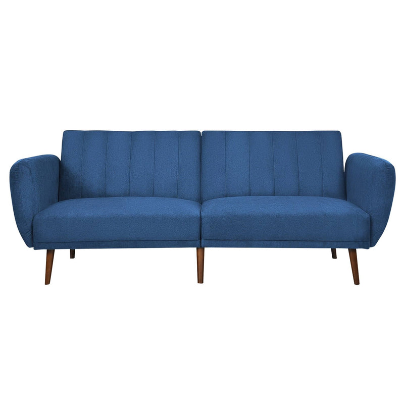 Modern Scandinavian Sofa Bed in Blue Linen Upholstery with Tufted Backrest and Convertible Sleeper Function