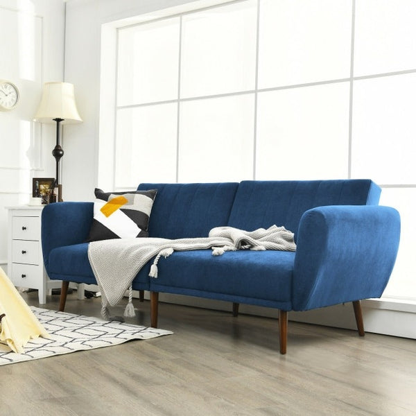 Modern Scandinavian Sofa Bed in Blue Linen Upholstery with Tufted Backrest and Convertible Sleeper Function