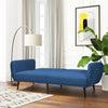 Modern Scandinavian Sofa Bed in Blue Linen Upholstery with Tufted Backrest and Convertible Sleeper Function