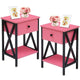 Rustic 1-Drawer Nightstand Set of 2 - Steel and Wood - X-Shaped Accents - 21.7" Height - [Color: Pink / White / Gray / Brown]