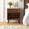 Mid-Century Farmhouse 1-Drawer Nightstand – Wood Bedside Table with Storage Shelf, Rustic Brown Finish