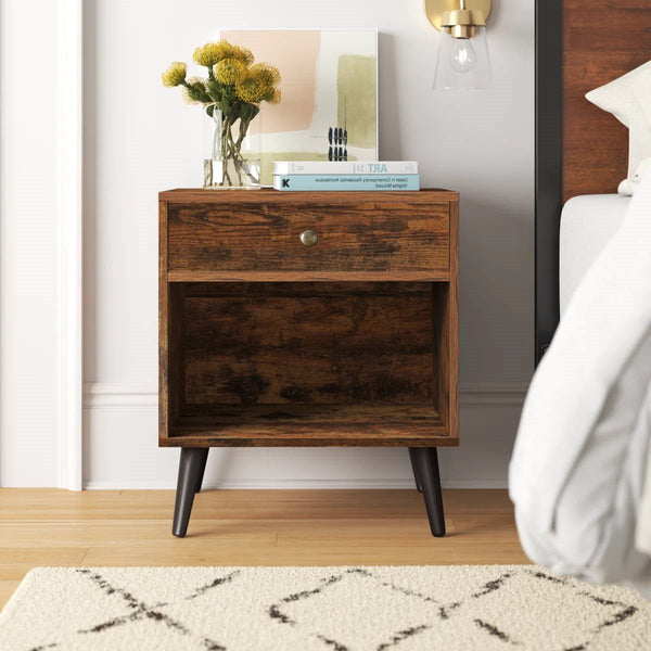 Mid-Century Farmhouse 1-Drawer Nightstand – Wood Bedside Table with Storage Shelf, Rustic Brown Finish