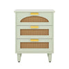 Retro Mid-Century Modern Wood Nightstand - Mint Green Finish - 3 Drawers with Rattan Accents and Gold Handles - 25.5" Height