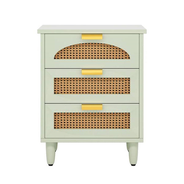 Retro Mid-Century Modern Wood Nightstand - Mint Green Finish - 3 Drawers with Rattan Accents and Gold Handles - 25.5" Height