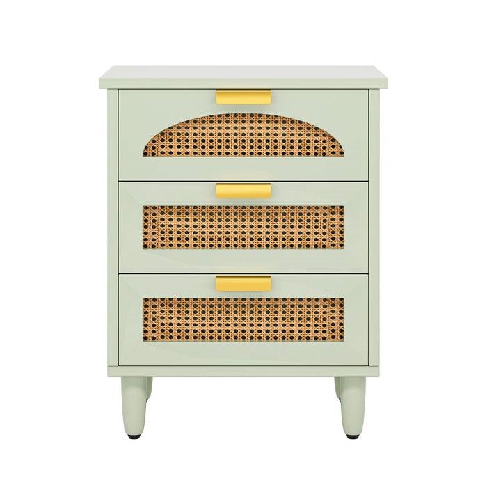 Retro Mid-Century Modern Wood Nightstand - Mint Green Finish - 3 Drawers with Rattan Accents and Gold Handles - 25.5" Height