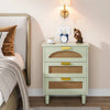 Retro Mid-Century Modern Wood Nightstand - Mint Green Finish - 3 Drawers with Rattan Accents and Gold Handles - 25.5" Height