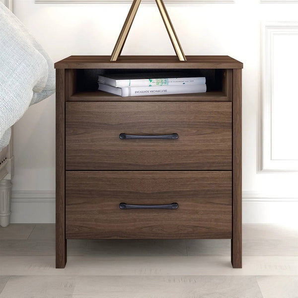 Mid-Century Modern Nightstand Acacia Wood Walnut Brown 2-Drawer Storage Minimalist Tapered Legs 26" Height