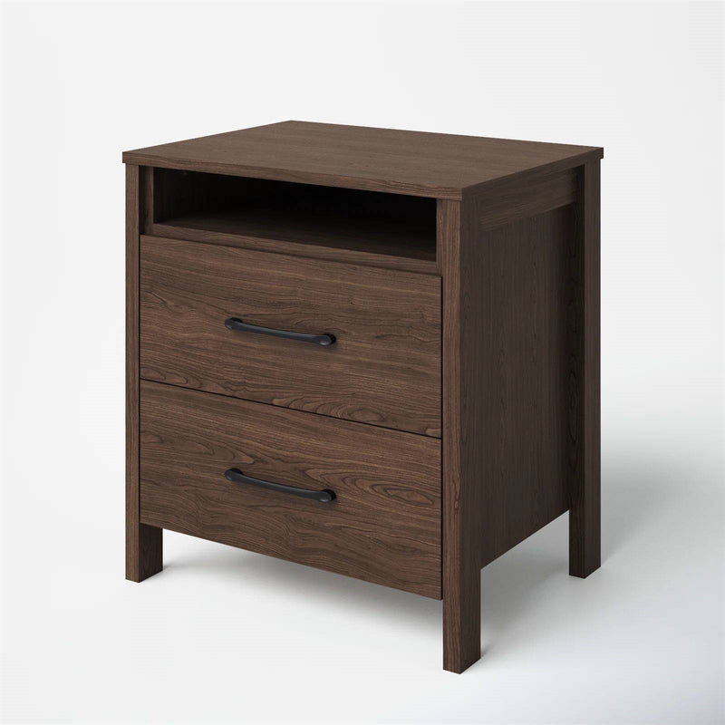 Mid-Century Modern Nightstand Acacia Wood Walnut Brown 2-Drawer Storage Minimalist Tapered Legs 26" Height