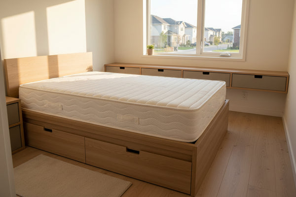 White mattress on wood bed frame inside tiny home bedroom