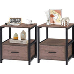 Modern Nightstand Set of 2 - Engineered Wood Coffee Finish - 1 Storage Drawer and Open Shelf - Black Metal Frame - 22" Height