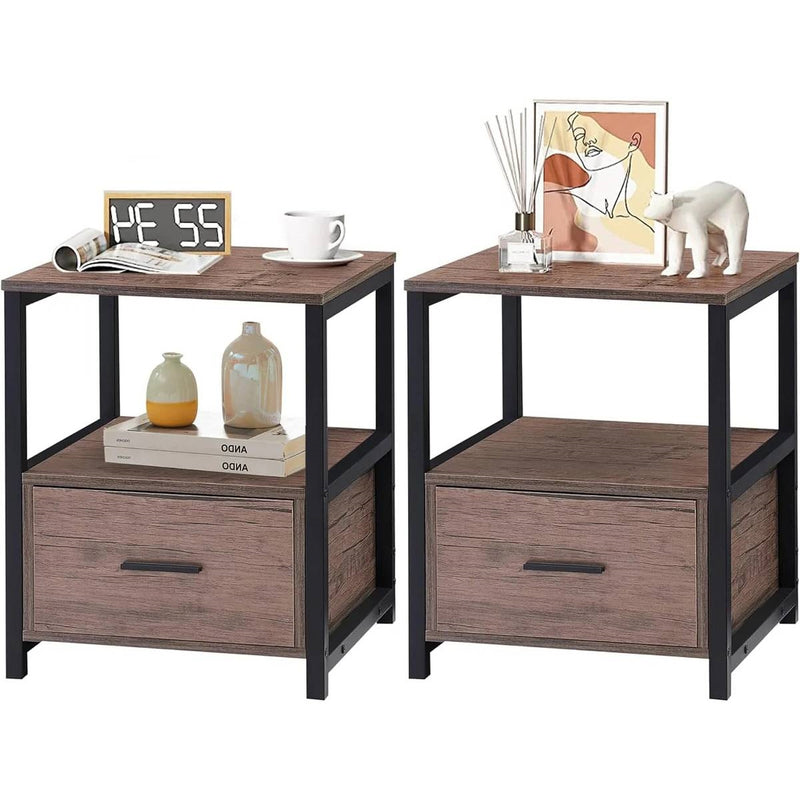 Modern Nightstand Set of 2 - Engineered Wood Coffee Finish - 1 Storage Drawer and Open Shelf - Black Metal Frame - 22" Height