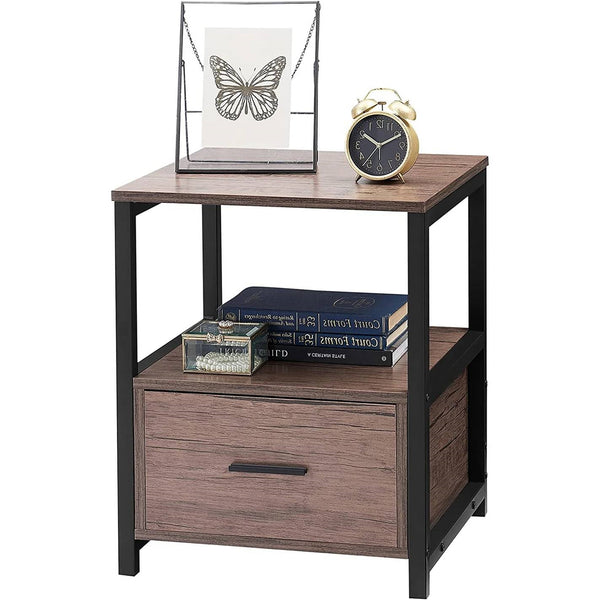 Modern Nightstand Set of 2 - Engineered Wood Coffee Finish - 1 Storage Drawer and Open Shelf - Black Metal Frame - 22" Height