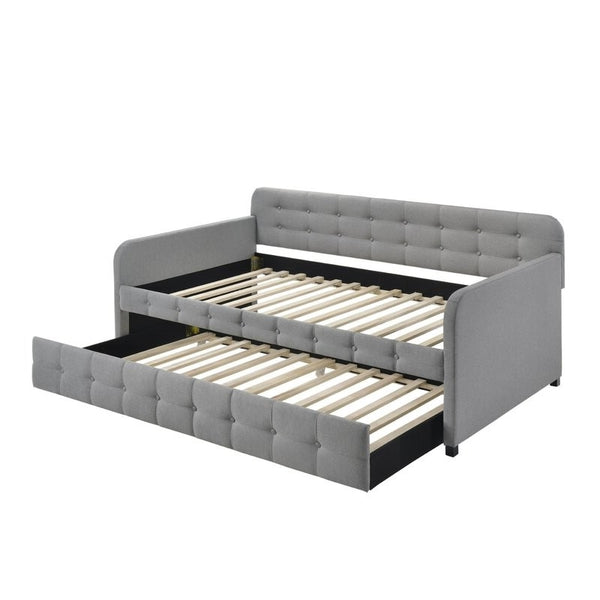 Twin Upholstered Daybed with Trundle Polyester Linen Tufted Design, Gray