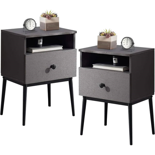 Mid-Century Modern Nightstand Set of 2 Engineered Wood Brown & Black 1 Drawer Open Shelf 21.5" H