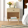 Mid-Century Modern Nightstand Solid Wood Natural Straw Yellow 1-Drawer Storage Open Shelf 22.8" Height