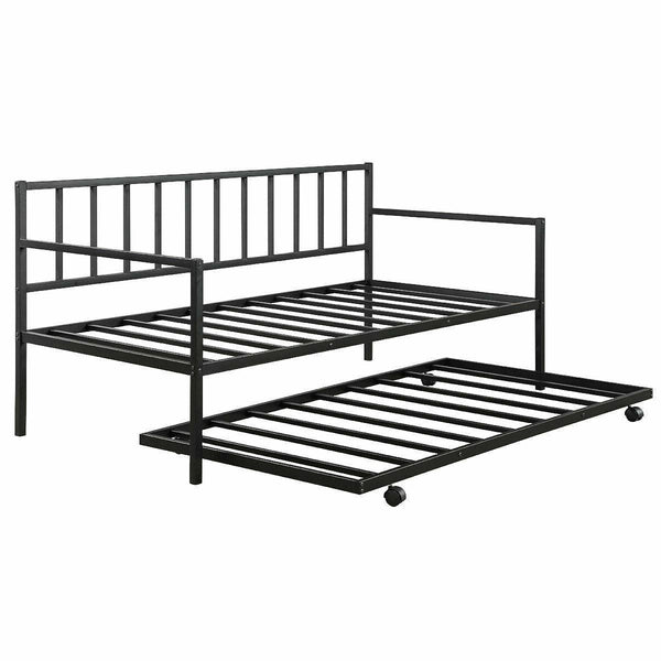 Twin Daybed with Roll-Out Trundle Metal Frame, Space-Saving Design, Black